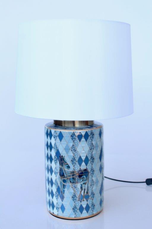 BLUE HARLEQUIN HORSE DETAIL LAMP BASE WHITE SILK SHADE  62X40CM